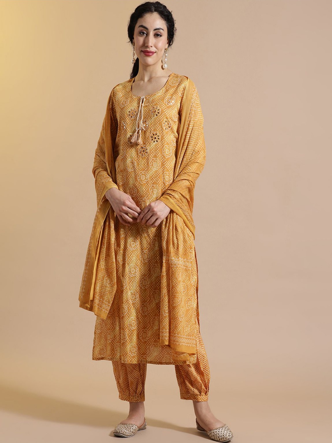 

Anouk Bandhani Embroidered Mirror Work Pure Cotton Straight Kurta with Salwar & Dupatta, Mustard