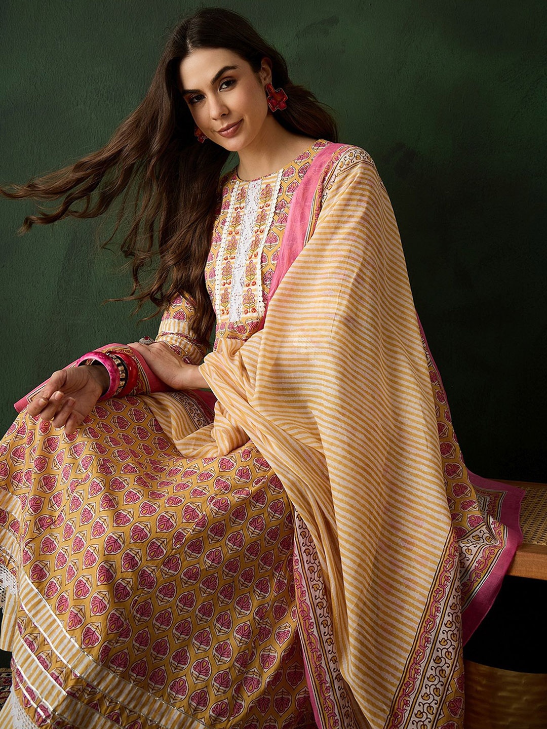 

Sangria Mustard Yellow Floral Printed Round Neck Pure Cotton Kurta with Trouser & Dupatta
