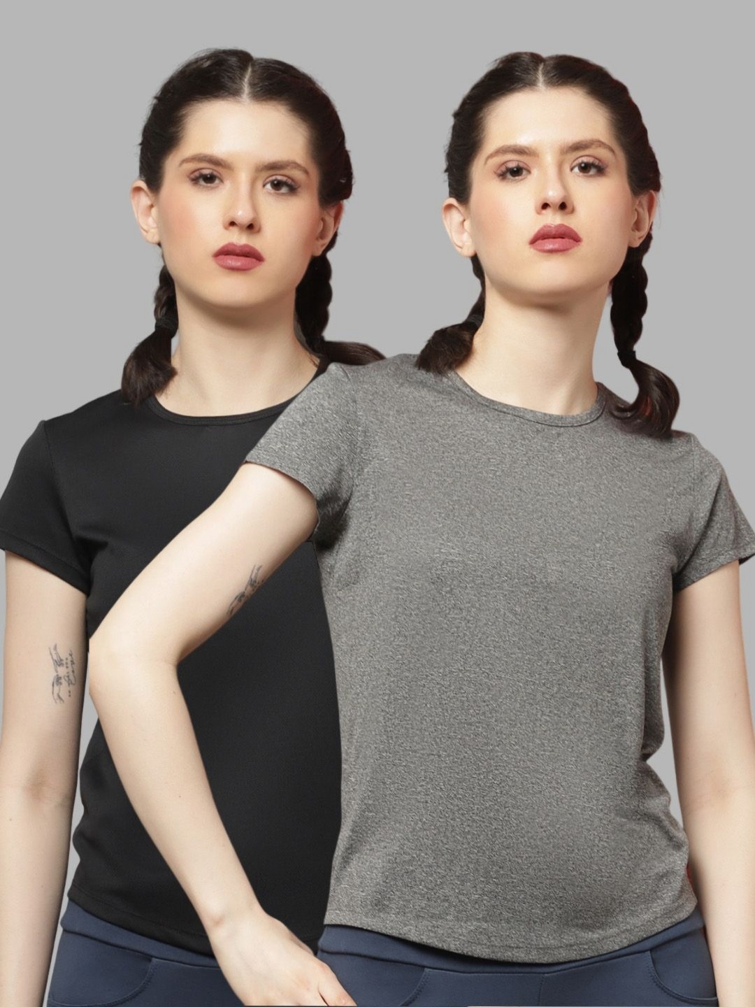 

Friskers Women Pack Of 2 Solid Round Neck T-shirts, Black