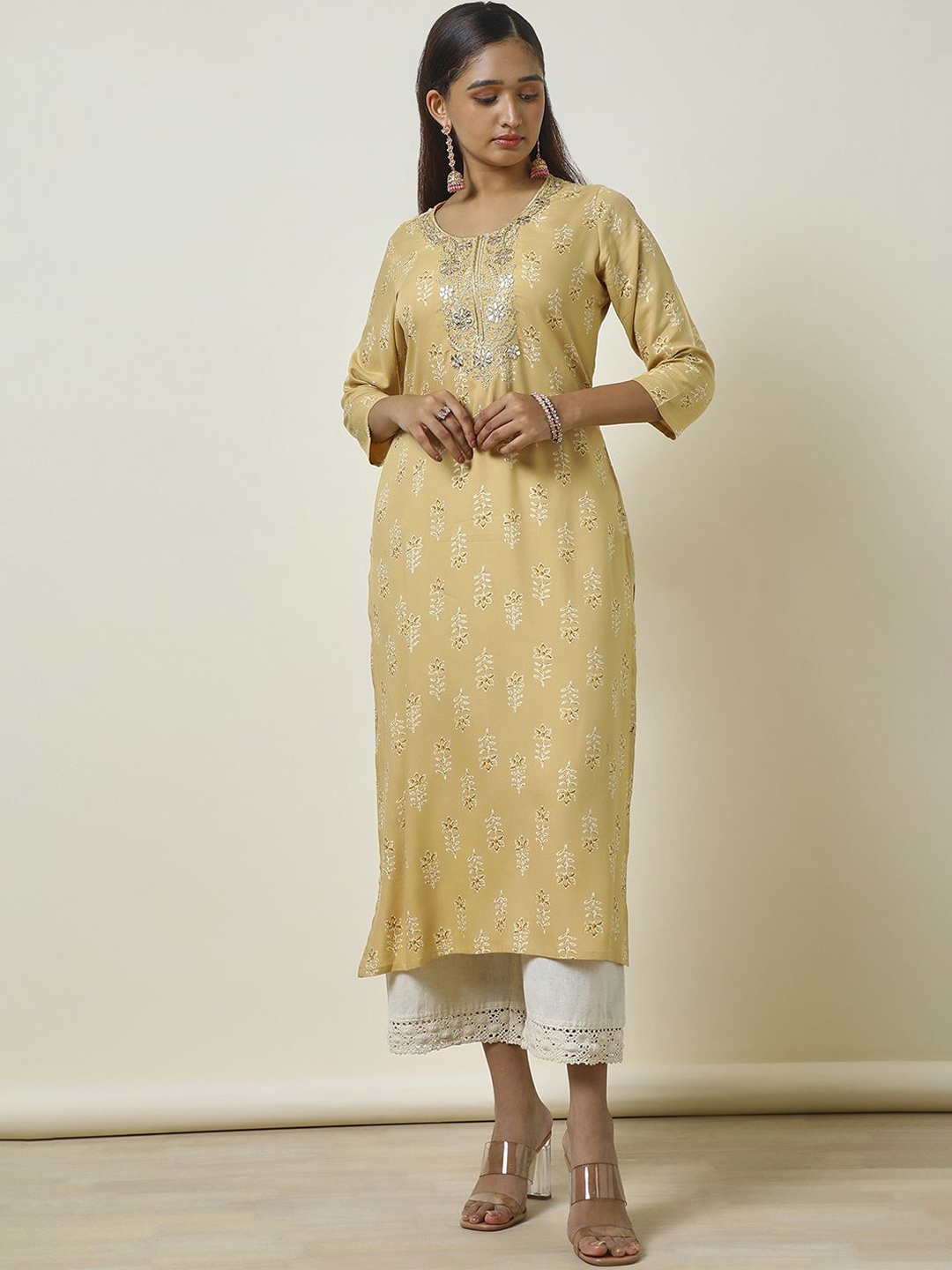 

Soch Floral Printed Mirror Work Straight Kurta, Beige