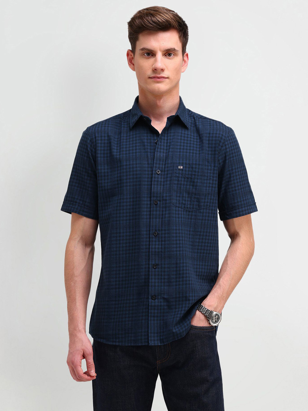 

Arrow Sport Men Classic Opaque Checked Casual Shirt, Navy blue