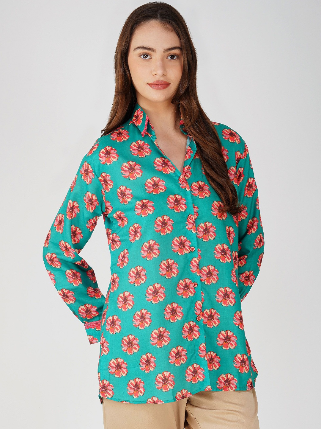 

Bindigasm Women Comfort Spread Collar Floral Printed Cotton Casual Shirt, Green