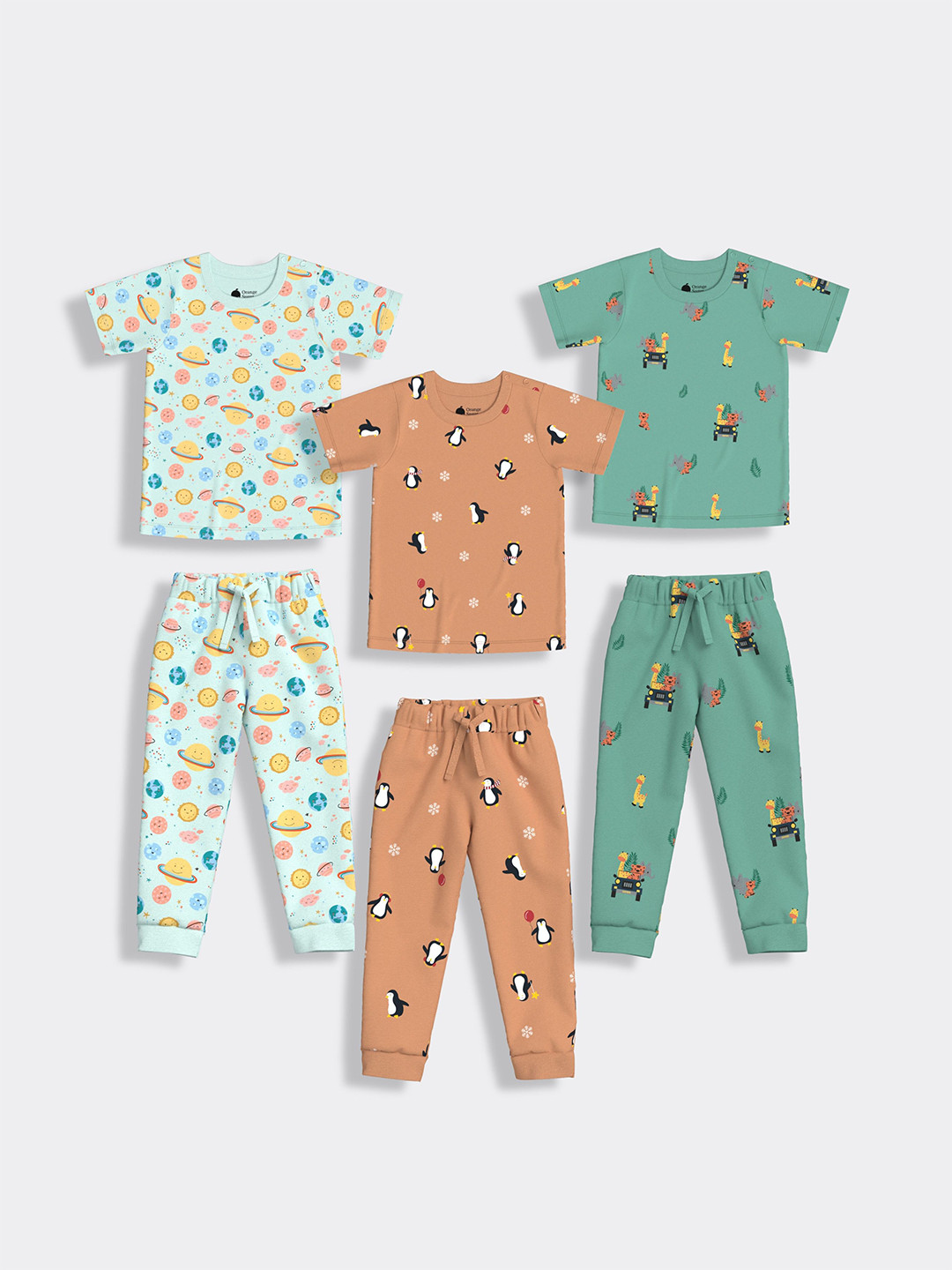 

Orange Sugar Kids Pack Of 3 Conversational Printed Pure Cotton T-shirt With Joggers, Green