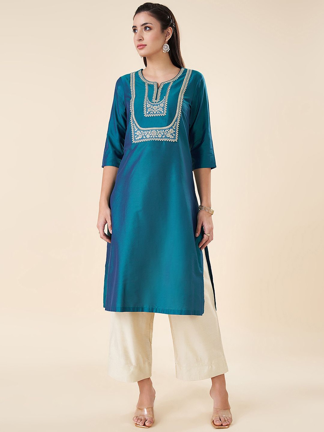 

RANGMANCH BY PANTALOONS Floral Yoke Design Straight Kurta, Teal