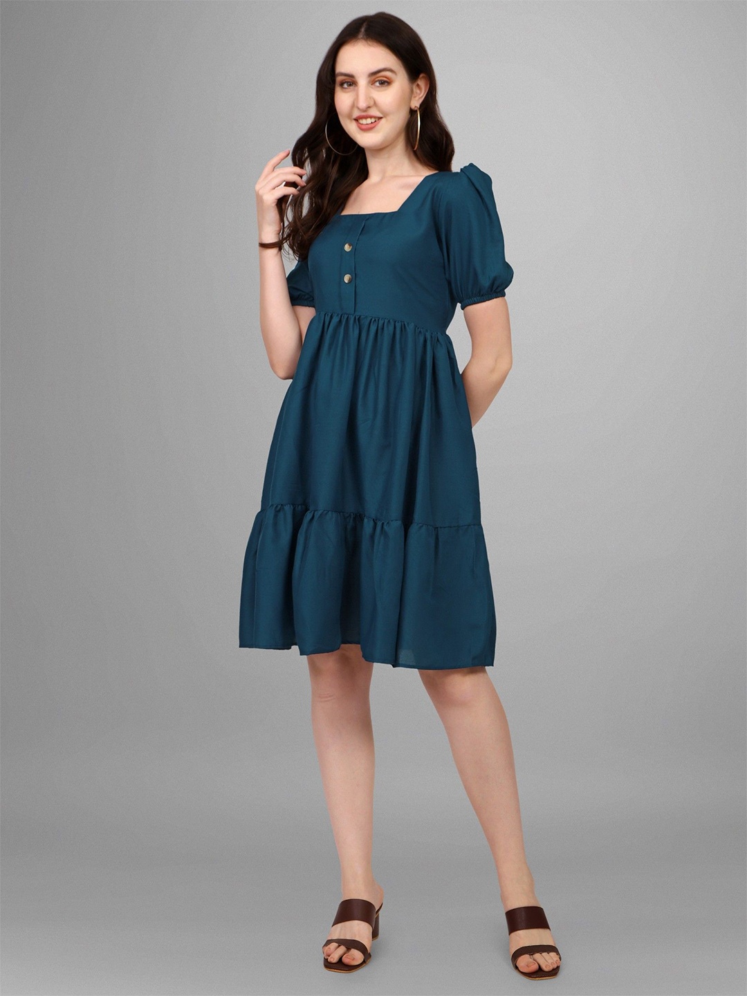 

Krunal Raiyani Women Puff Sleeves Fit & Flare Dress, Teal