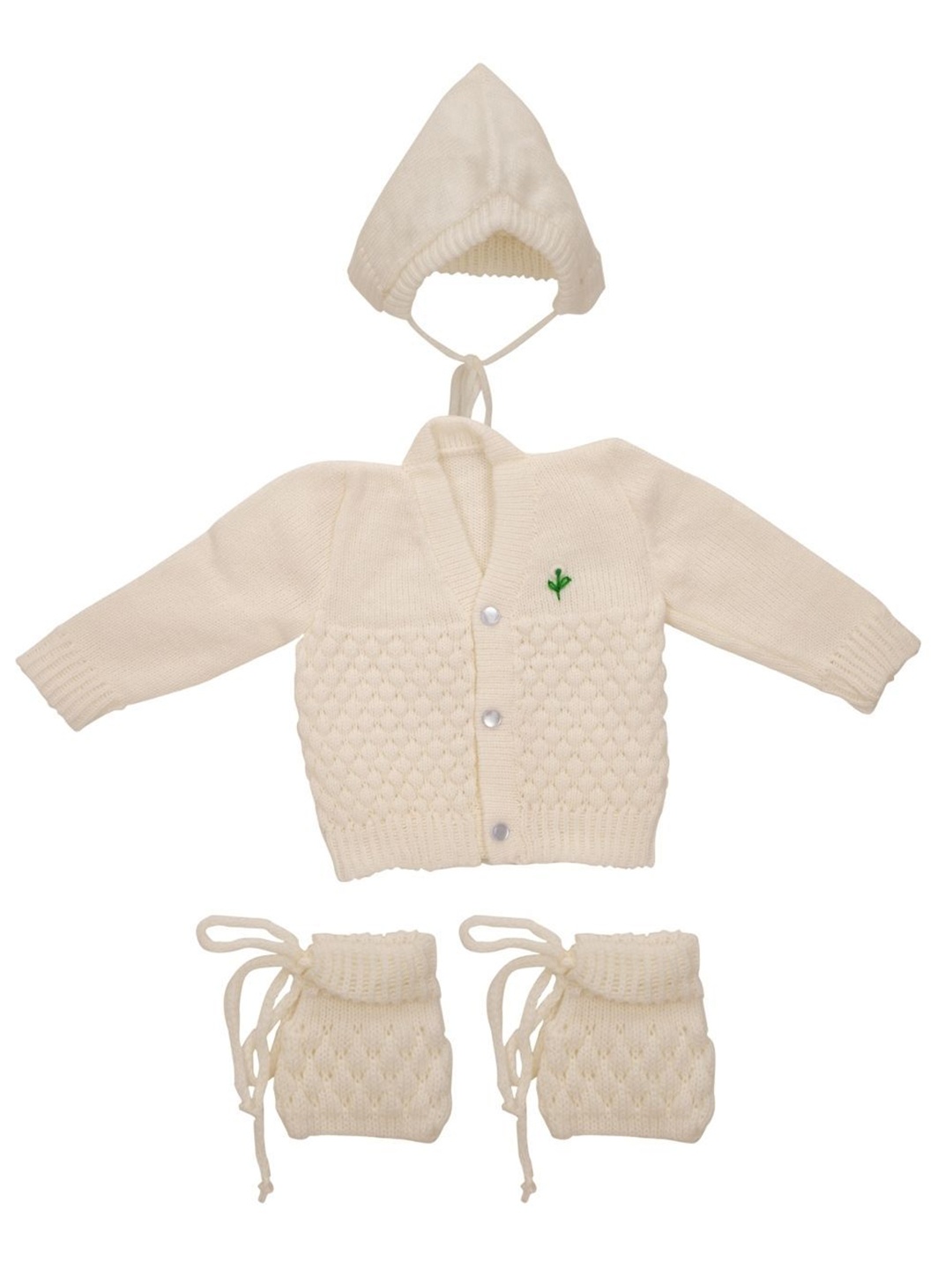 

CUBS & HUGS Kids 3Pcs Embroidered Woolen Sweater With Cap & Booties, White
