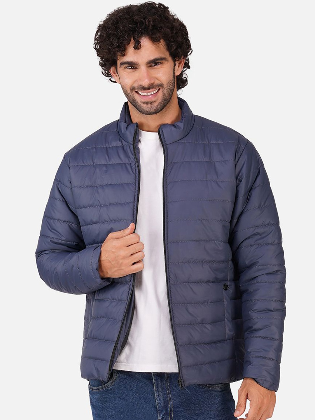 

BAESD Men Mock Collar Solid Casual Puffer Jacket, Navy blue