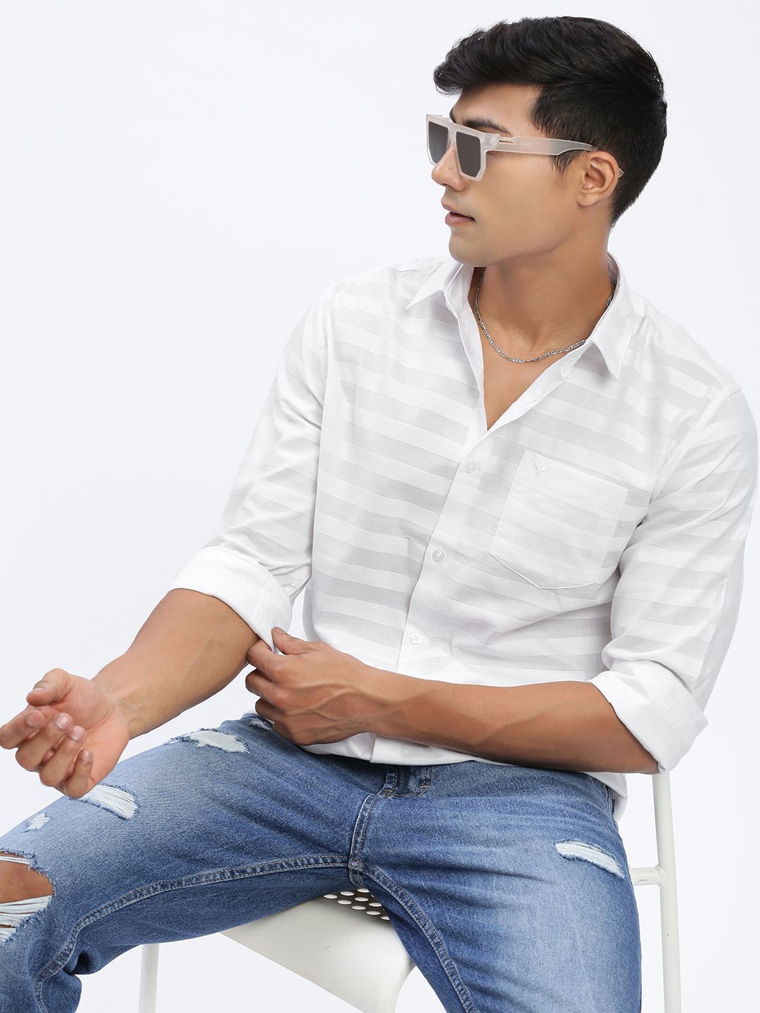 

SHOWOFF Men Standard Spread Collar Textured Cotton Casual Shirt, White