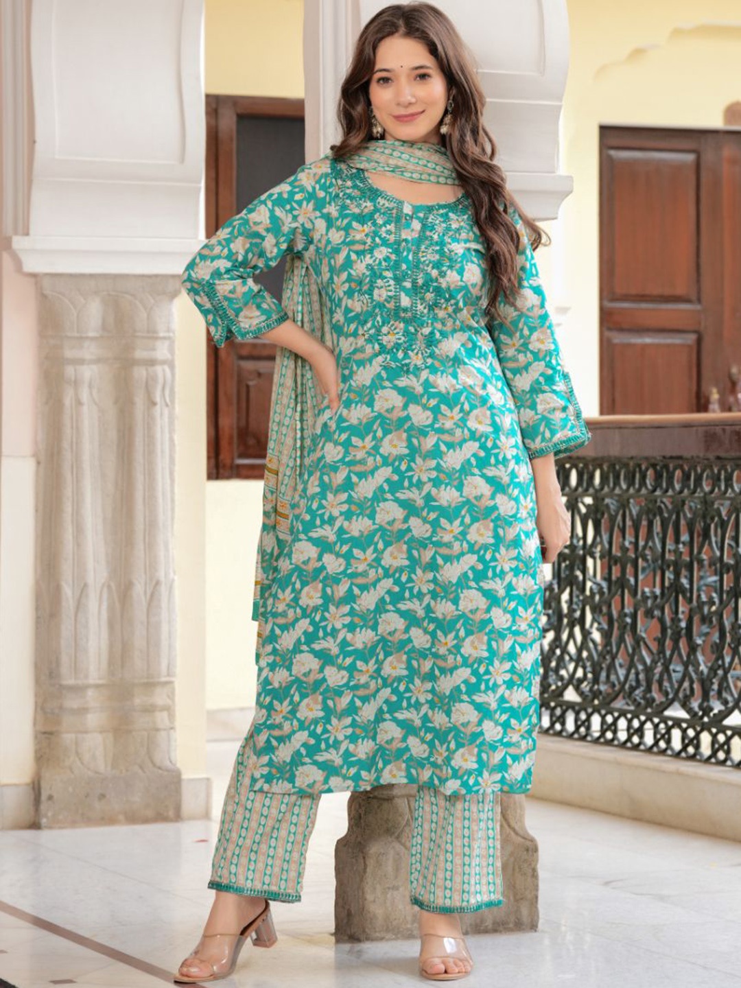 

KALINI Floral Printed Thread Work Pure Cotton Straight Kurta with Trousers & Dupatta, Green