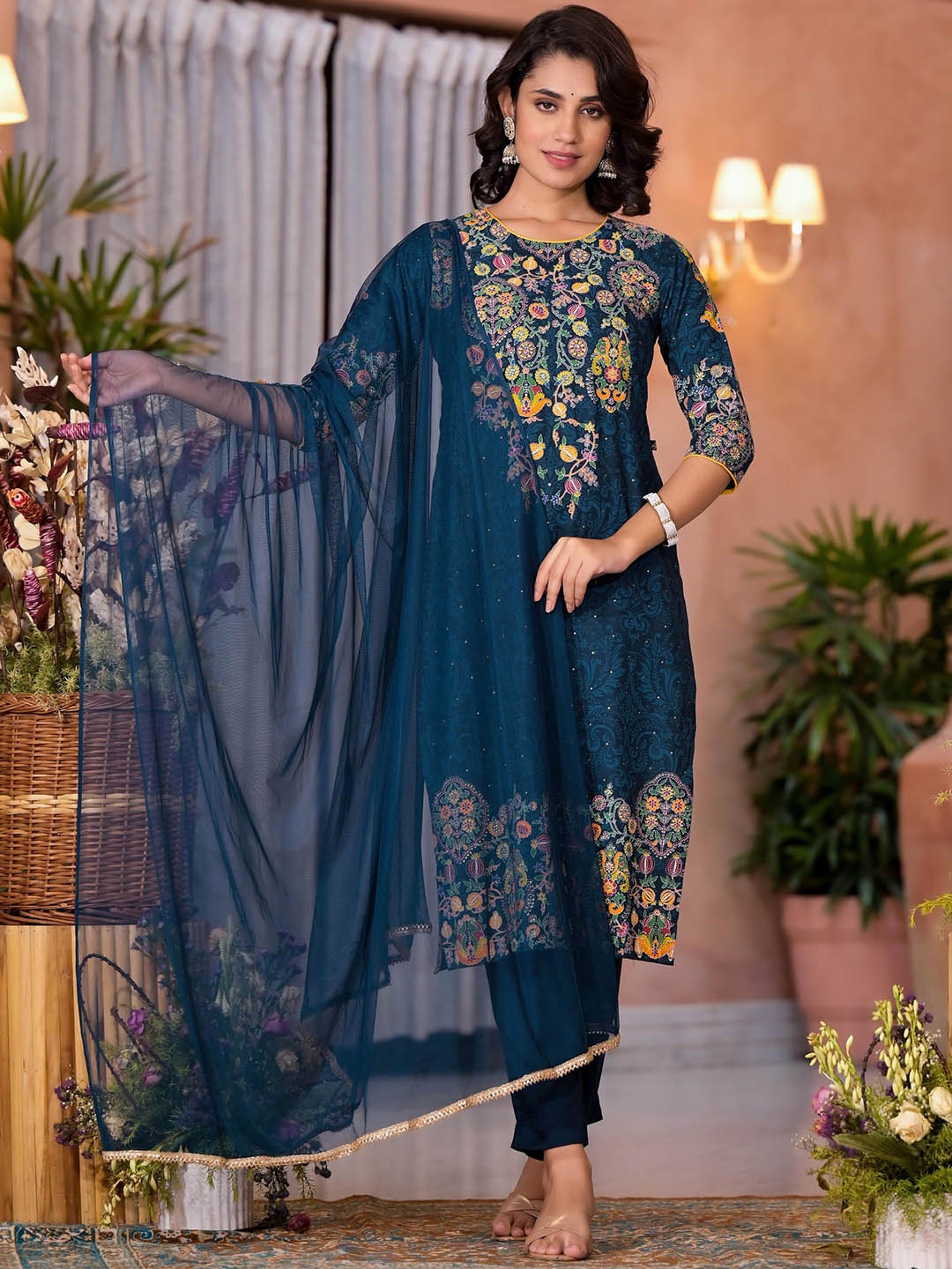 

Juniper Floral Embroidered Liva Kurta with Trousers & With Dupatta, Navy blue