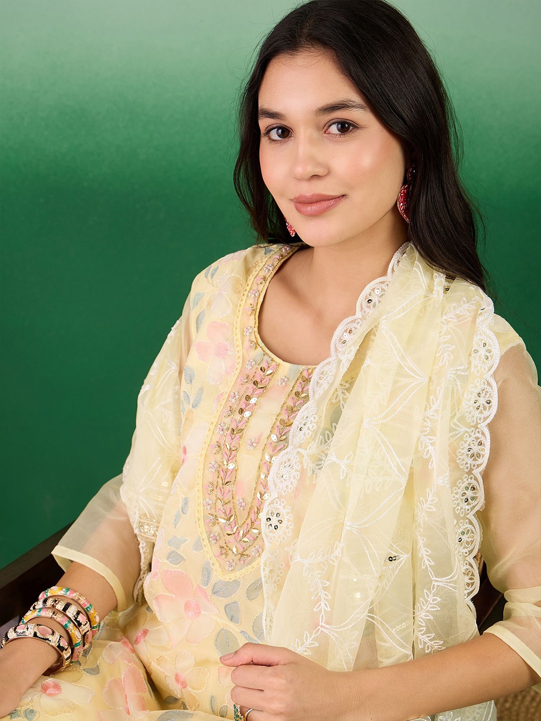 

Sangria Floral Embroidered Zari Organza Unstitched Dress Material, Yellow