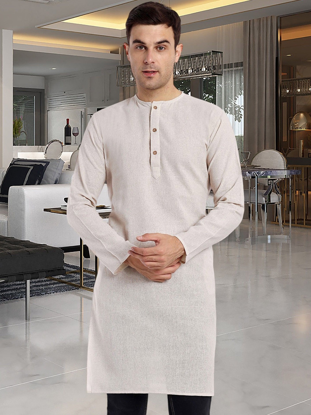 

SKAVIJ Mandarin Collar Straight Kurta, Off white