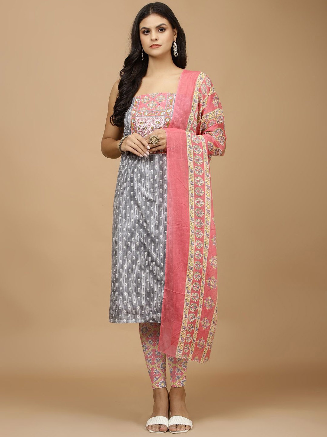 

Meena Bazaar Floral Printed Mirror Work Unstitched Dress Material, Grey