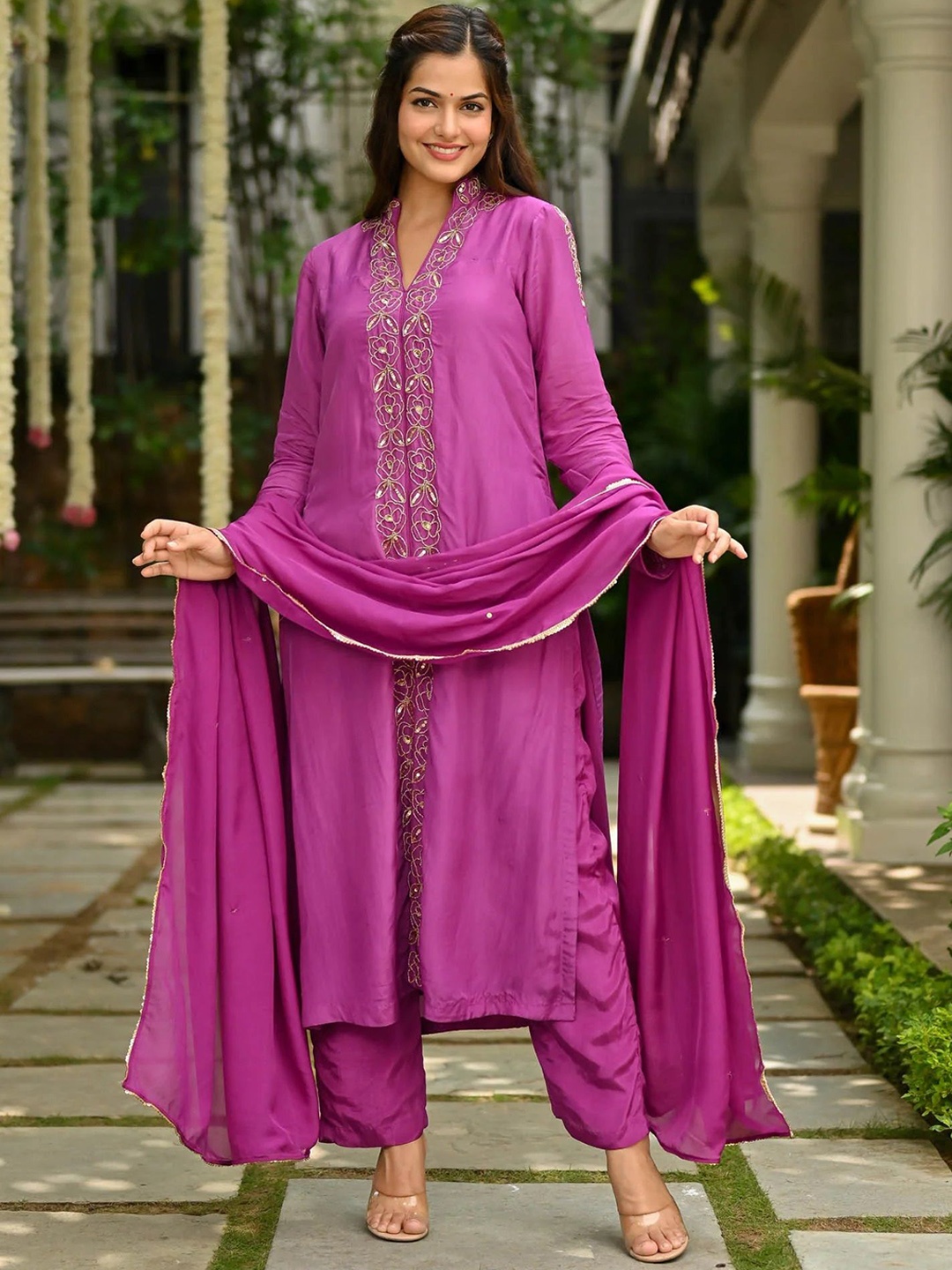 

KALINI Floral Embroidered Kurta With Trousers & Dupatta, Pink
