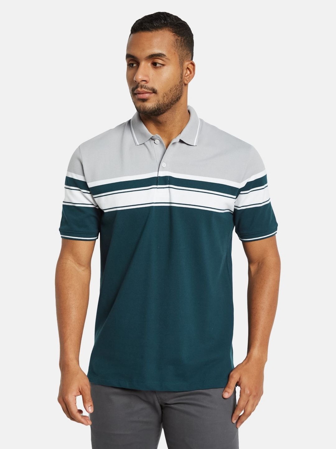 

Octave Men Colourblocked Polo Collar Cotton T-shirt, Green