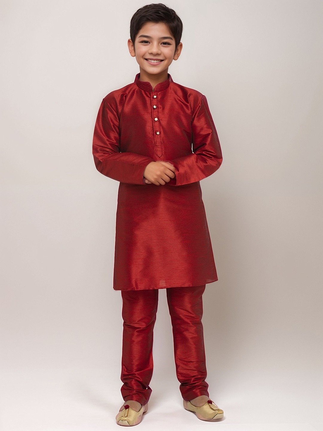 

DEVOILER Boys Woven Design Mandarin Collar Dupion Silk Straight Kurta, Maroon