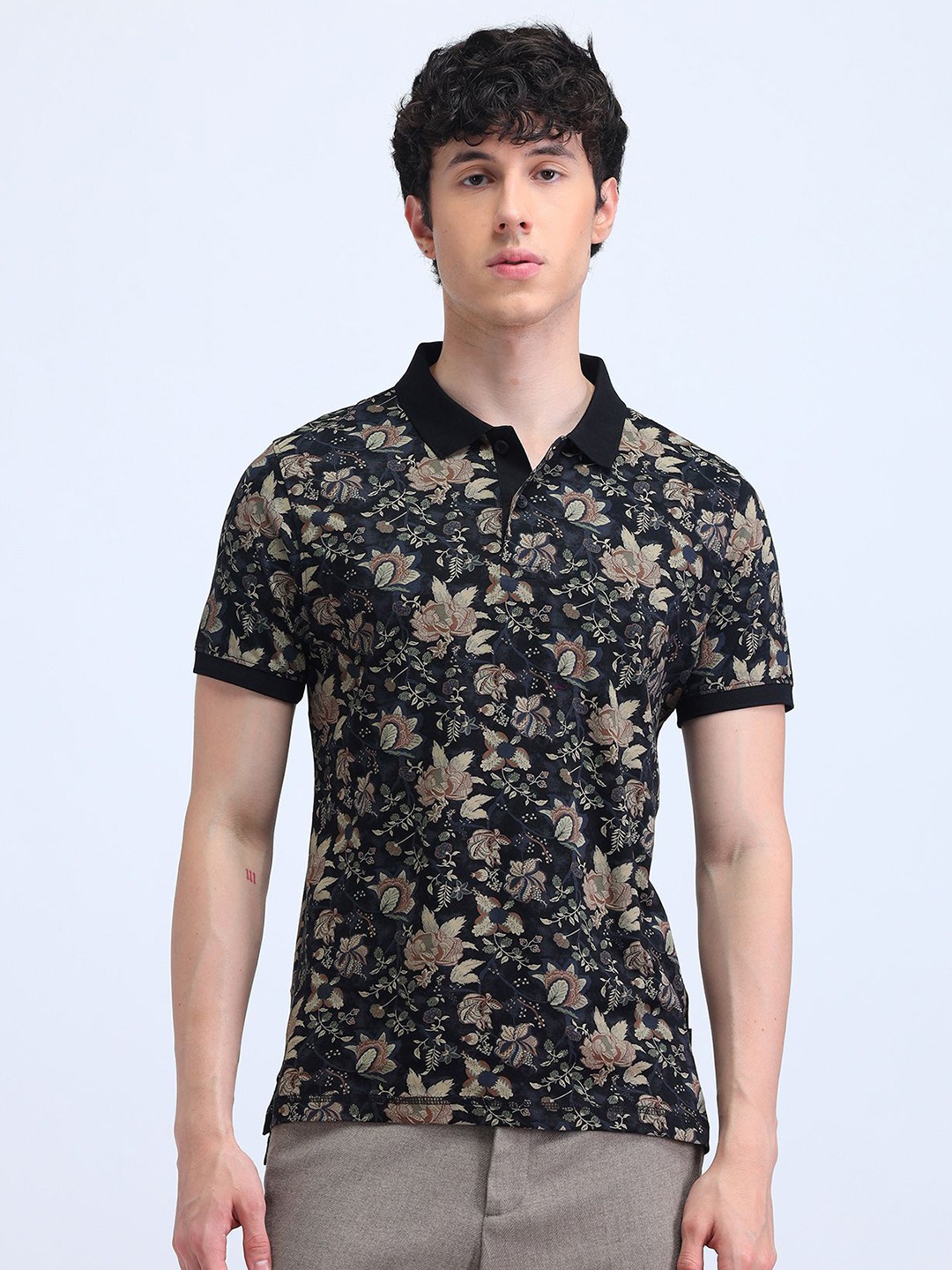 

Flying Machine Men Floral Printed Polo Collar Cotton T-shirt, Black