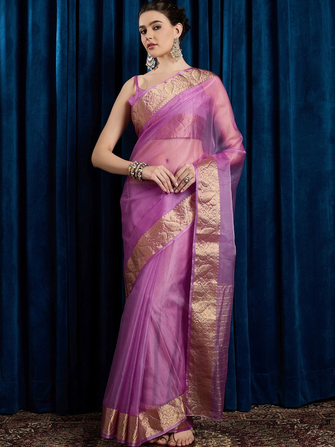 

Anouk Rustic Women Mauve Zari Woven Design Organza Saree With Blouse Piece