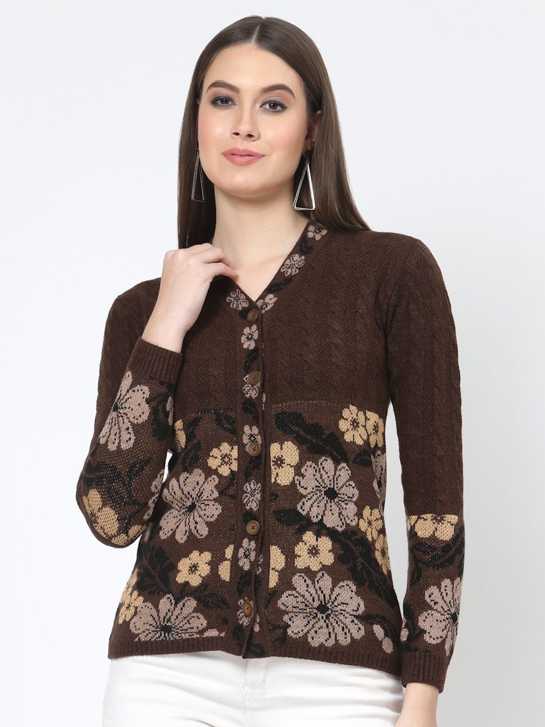 

Kalt Women Floral Woven Design Full Sleeves V-Neck Casual Sweater Cardigan, Brown