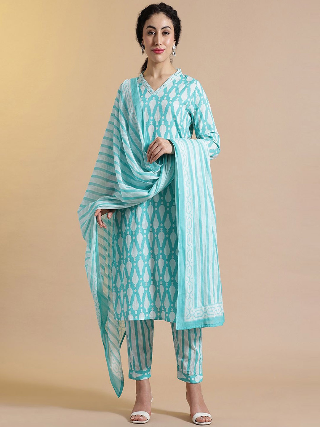 

Anouk Floral Printed Mirror Work Pure Cotton Kurta with Trouser & Dupatta, Turquoise blue