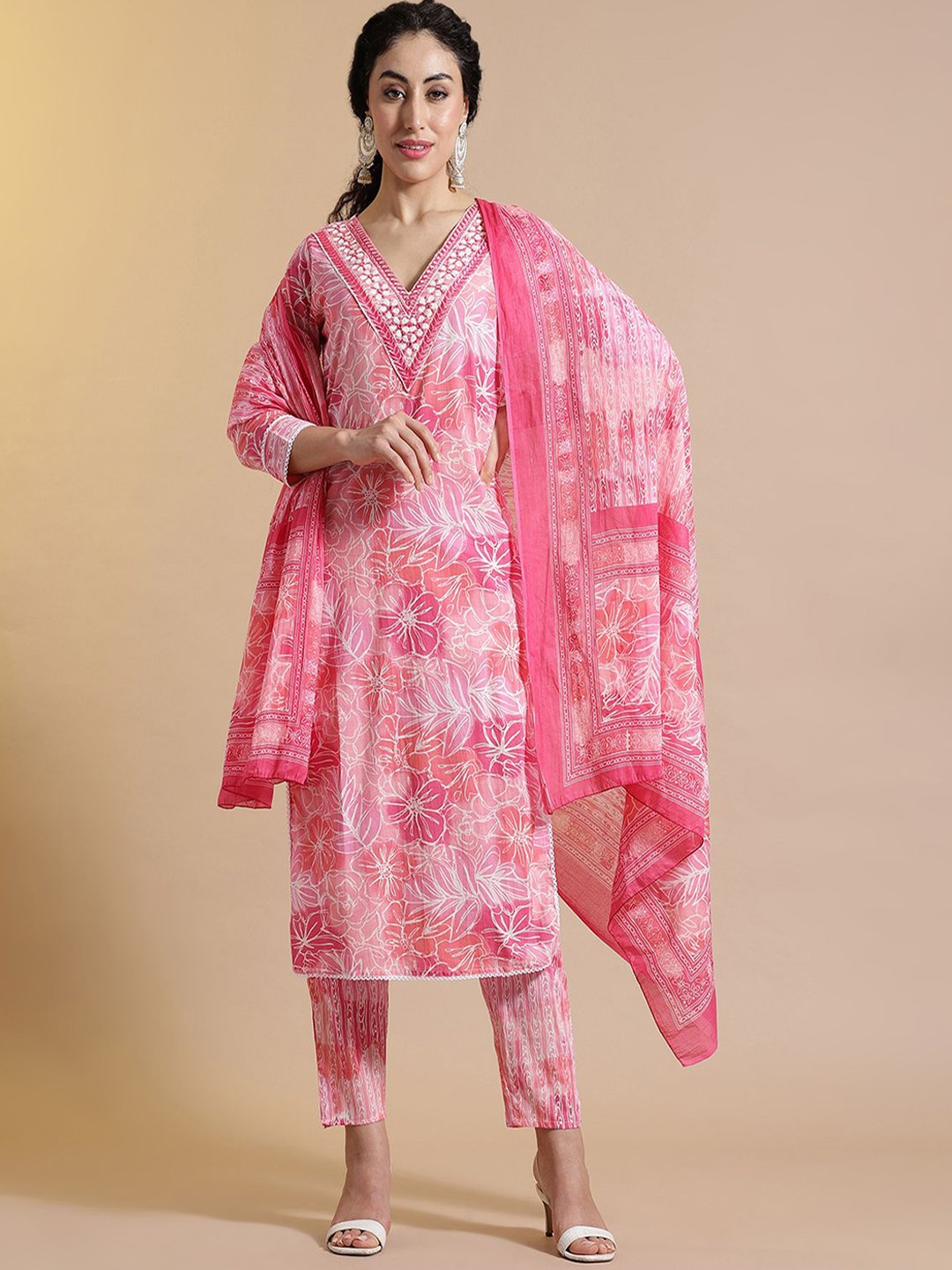 

Anouk Floral Printed Mirror Work Pure Cotton Kurta with Trouser & Dupatta, Pink