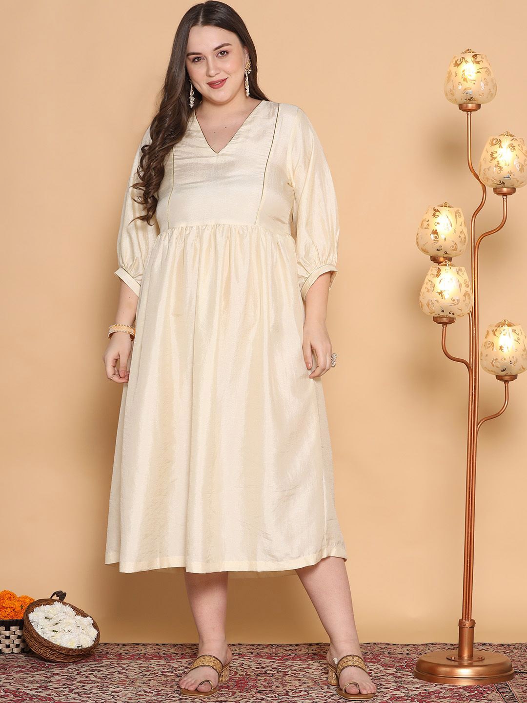 

LetsDressUp Women Embellished V-neck Cuffed Sleeves Fit & Flare Midi Dress, Cream