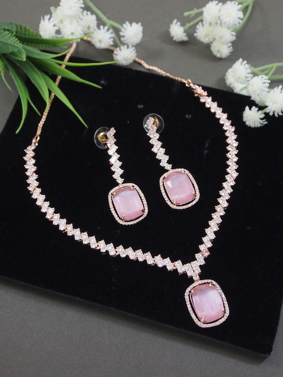 

I Jewels Rose Gold Plated Cubic Zirconia American Diamond Studded Jewellery Set, Silver