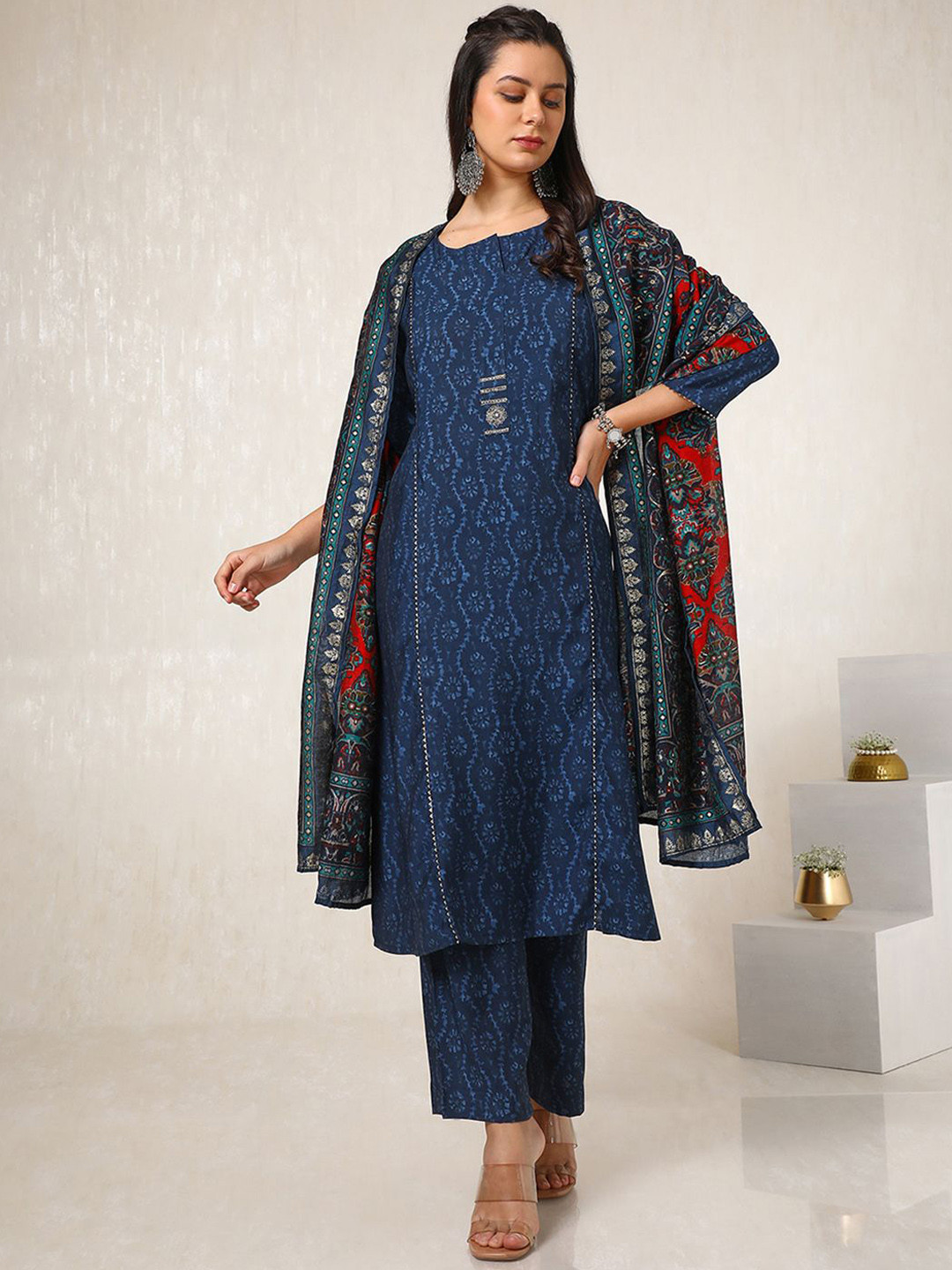 

Soch Floarl Printed A-Line Gotta Patti Kurta with Palazzos & Dupatta, Navy blue