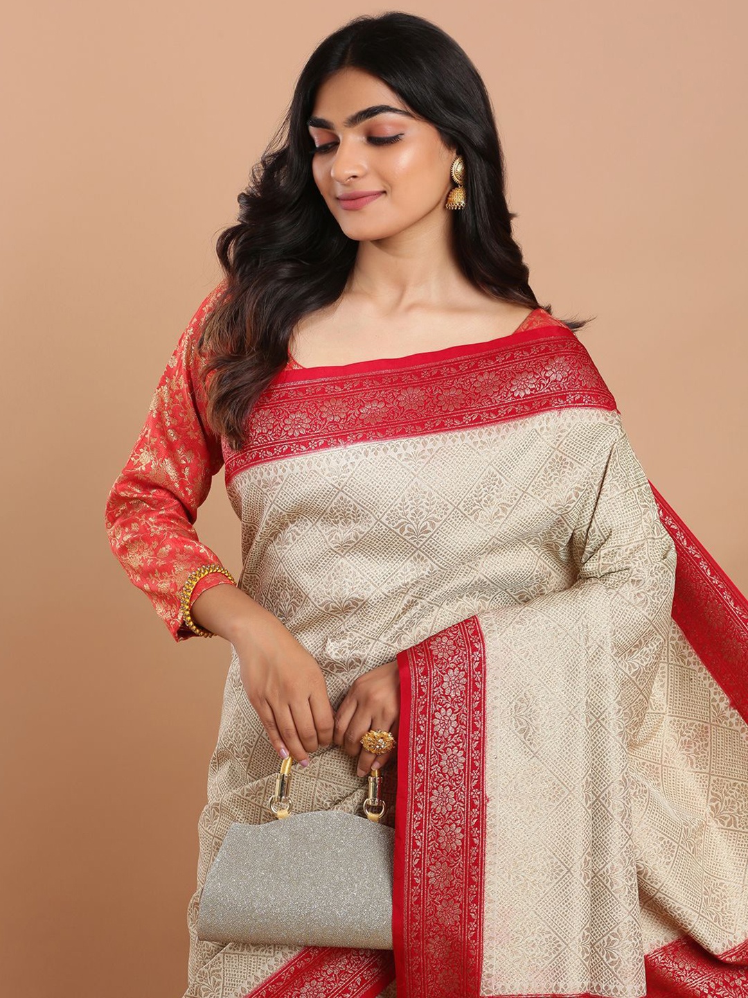 

Kalyan Silks Woven Design Zardozi Heavy Work Kanjeevaram Saree With Blouse Piece, Cream