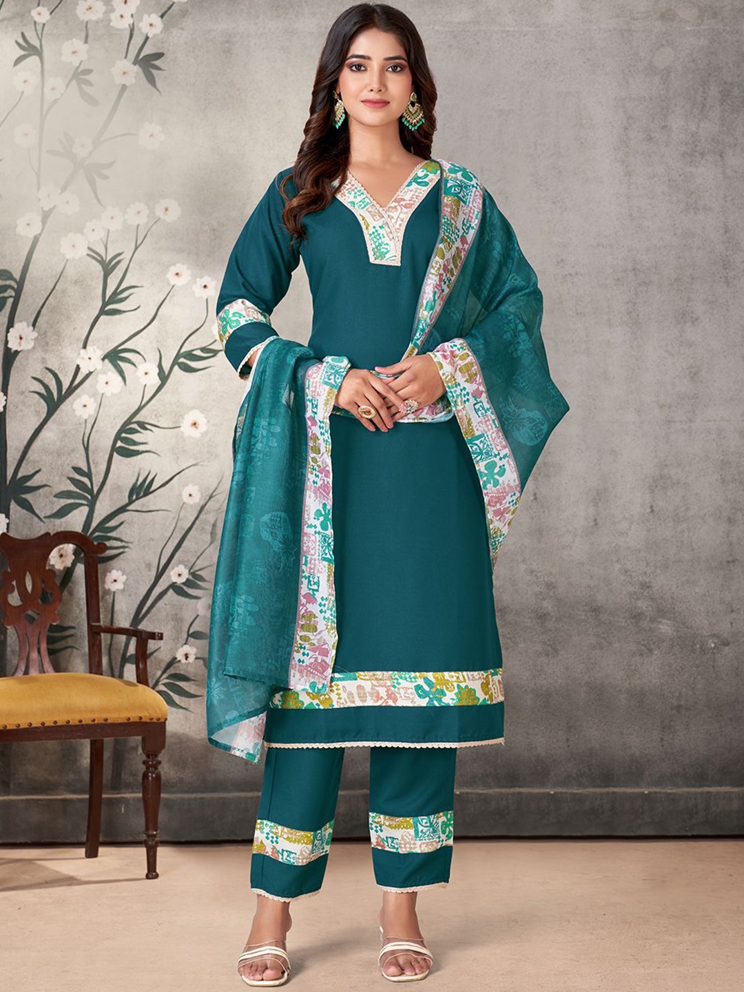 

KALINI V-Neck Straight Kurta With Trousers & Dupatta, Green