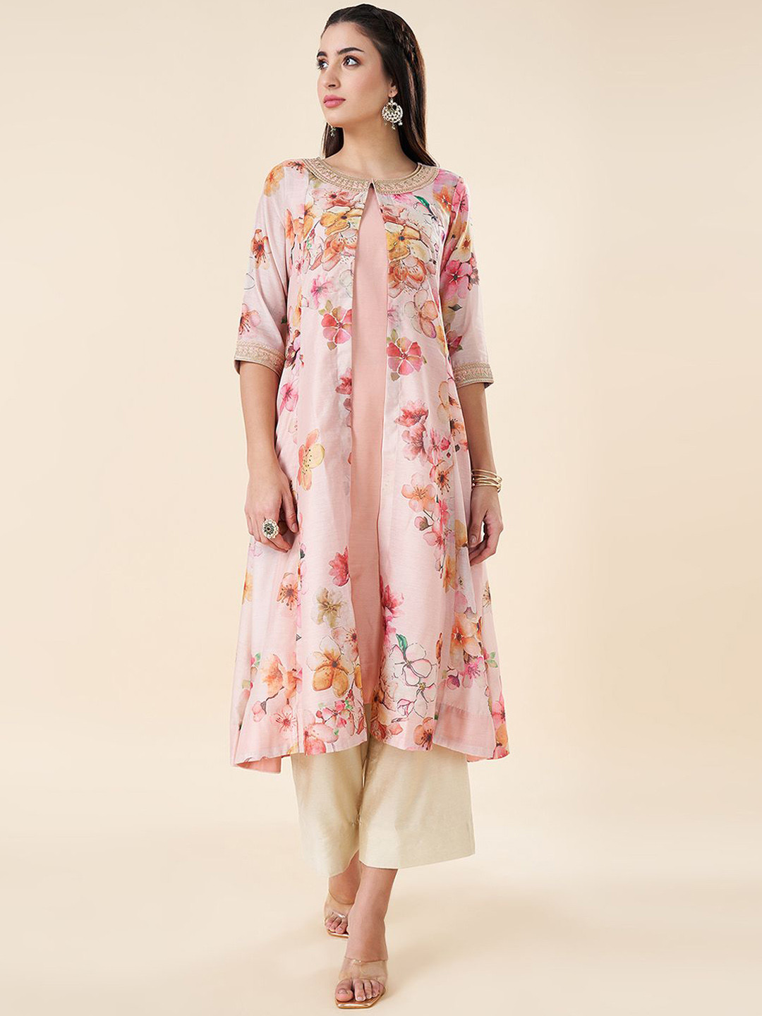 

RANGMANCH BY PANTALOONS Floral Printed A Line Kurta with Trousers, Peach