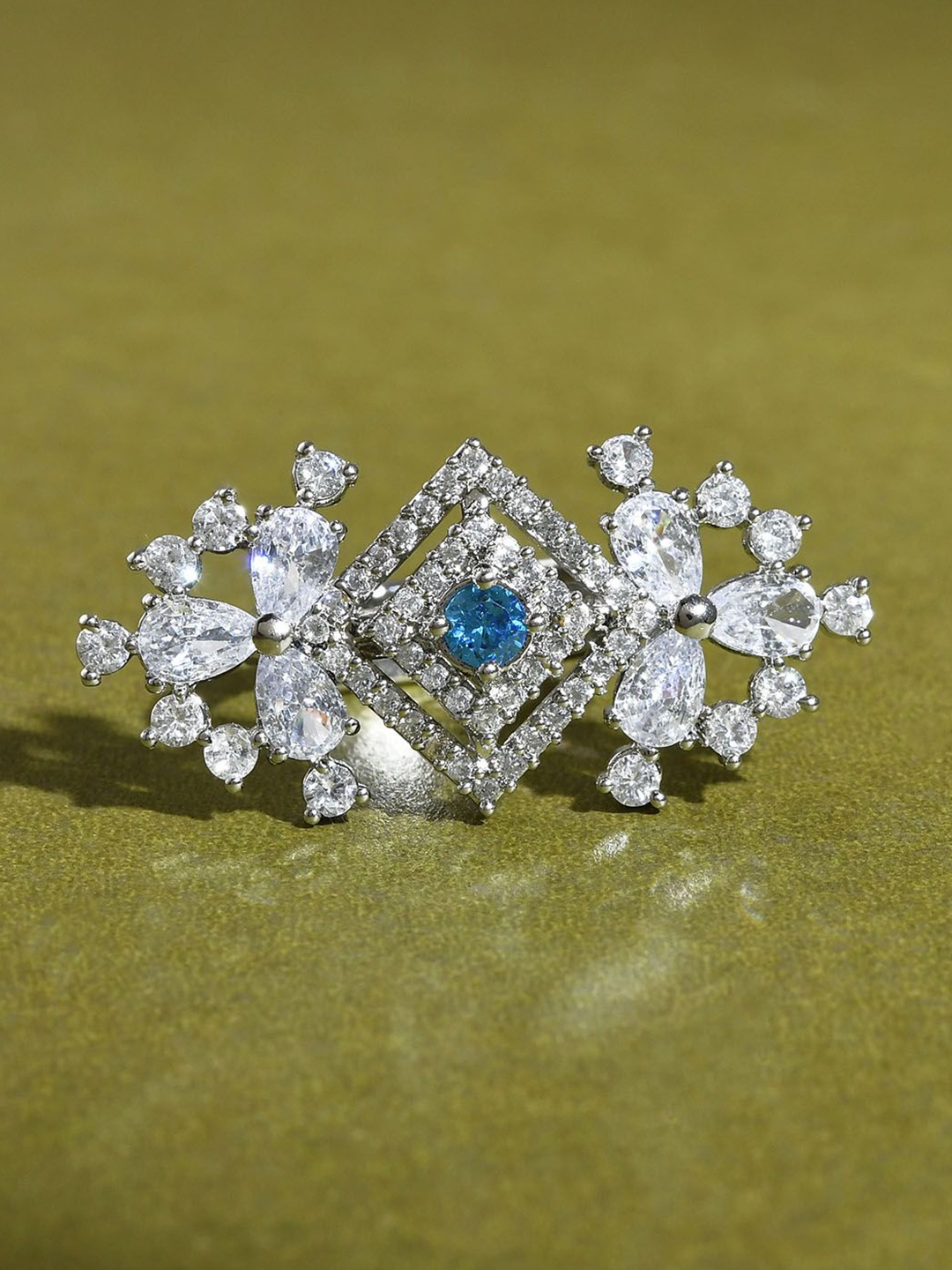 

Voylla Aqua Rhodium-Plated American Diamond Studded Adjustable Finger Ring, Silver