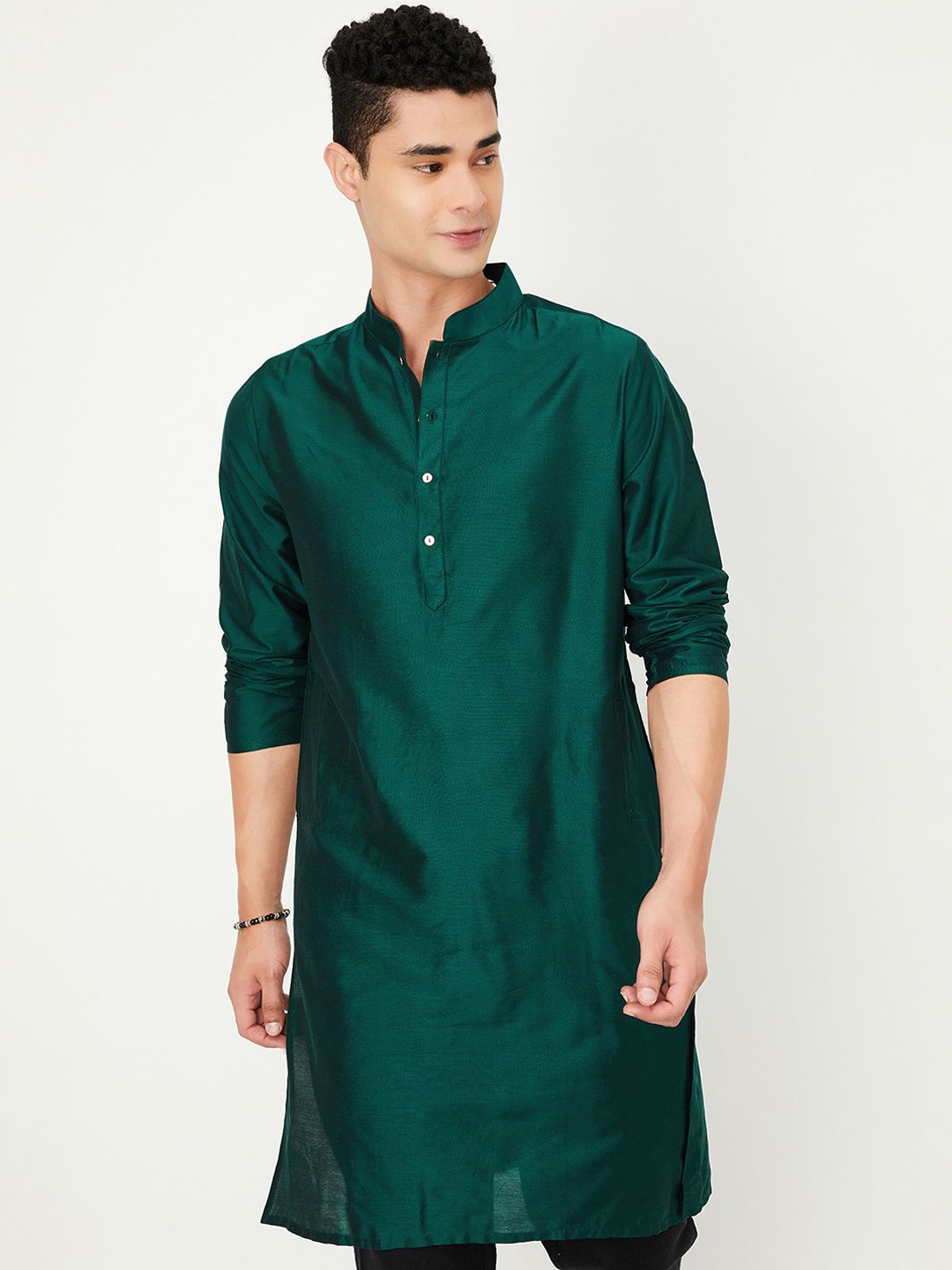 

max Mandarin Collar Long Sleeves Straight Kurta, Green