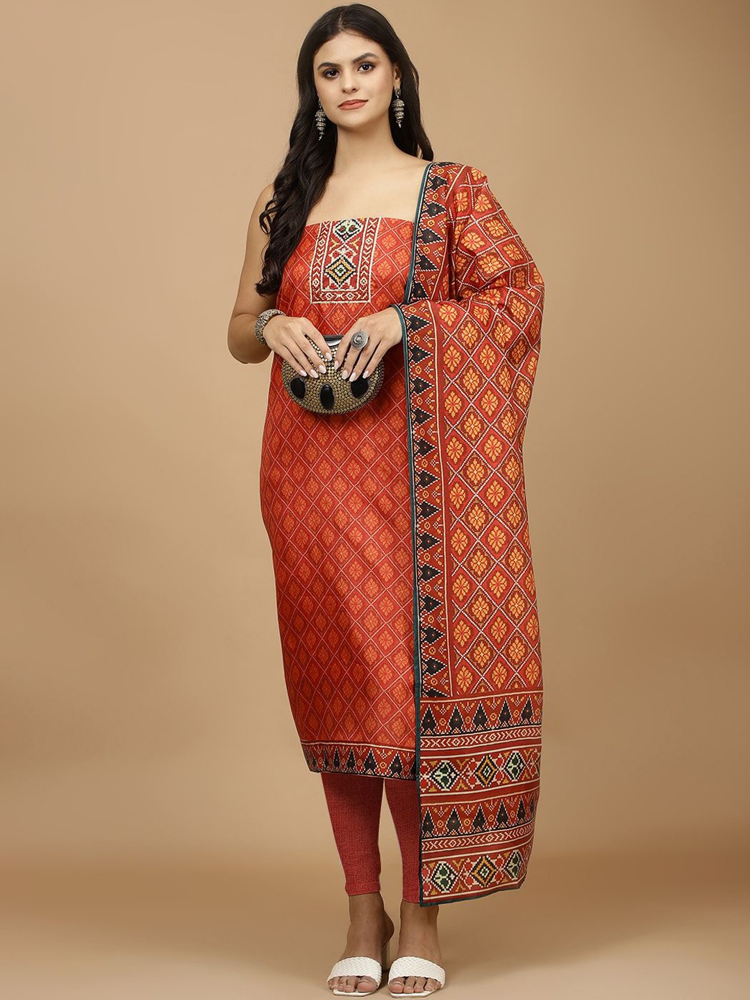 

Meena Bazaar Geometric Printed Sequinned Unstitched Dress Material, Rust