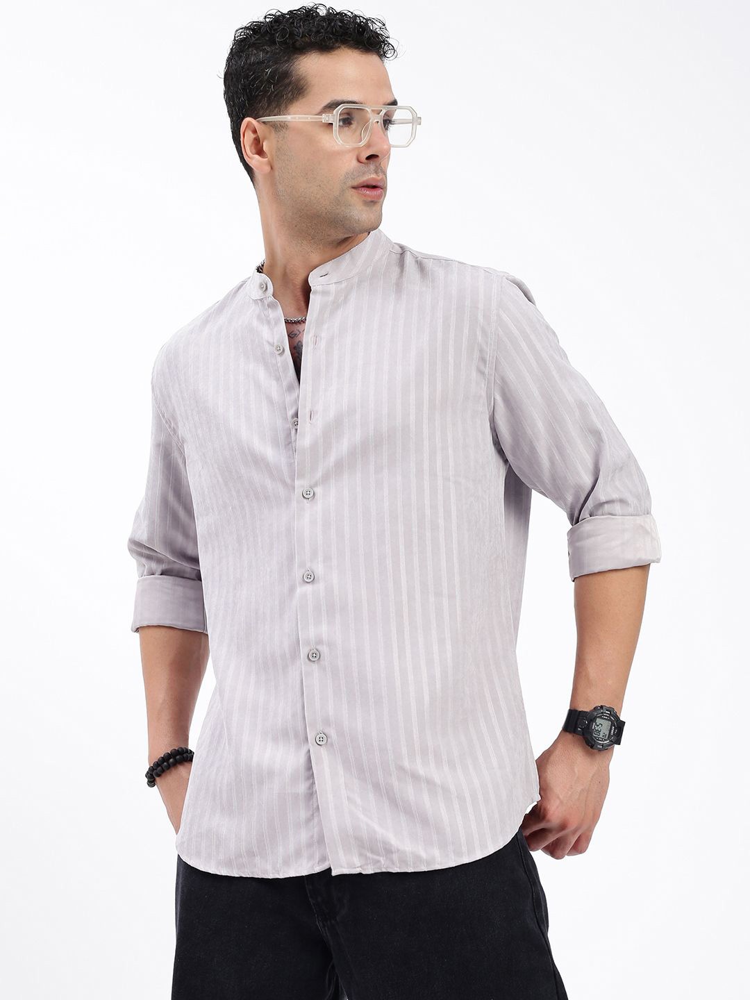 

SHOWOFF Men Standard Band Collar Textured Cotton Casual Shirt, Grey