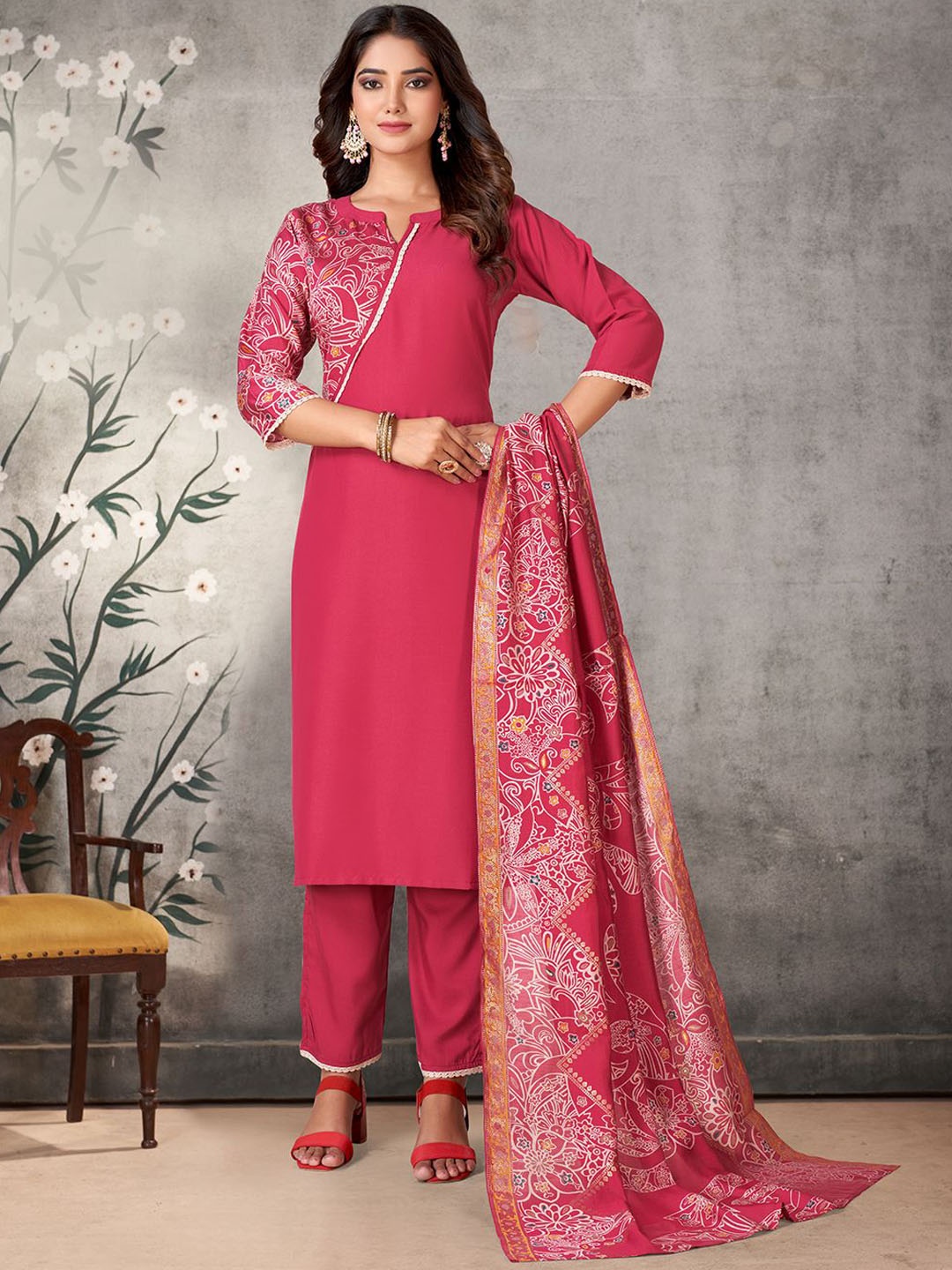 

KALINI Floral Printed Mandarin Collar Straight Kurta with Trousers & Dupatta, Pink