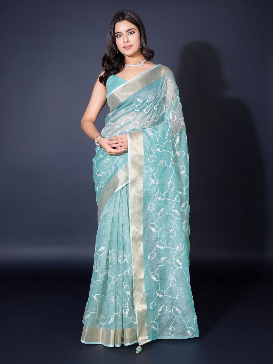 

Meena Bazaar Embroidered Zari Saree, Sea green