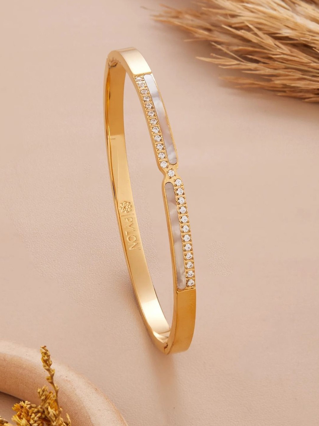 

PYLON Stainless Steel American Diamond Kada Bracelet, Gold