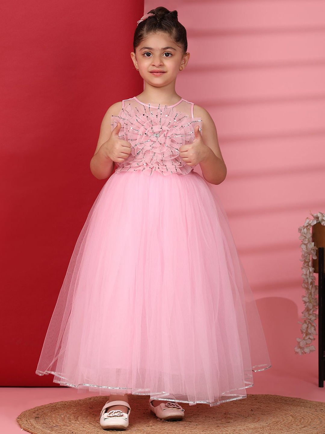 

Toy Balloon kids Embellished Applique Net Gown Maxi Dress, Pink