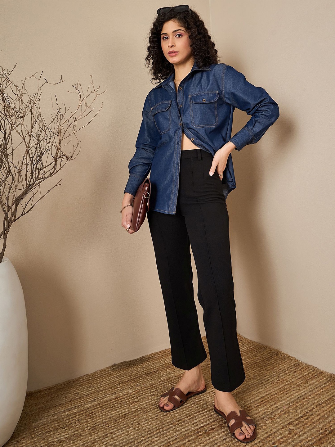 

Kibo Women Spread Collar Solid Cotton Relaxed Fit Casual Shirt, Blue