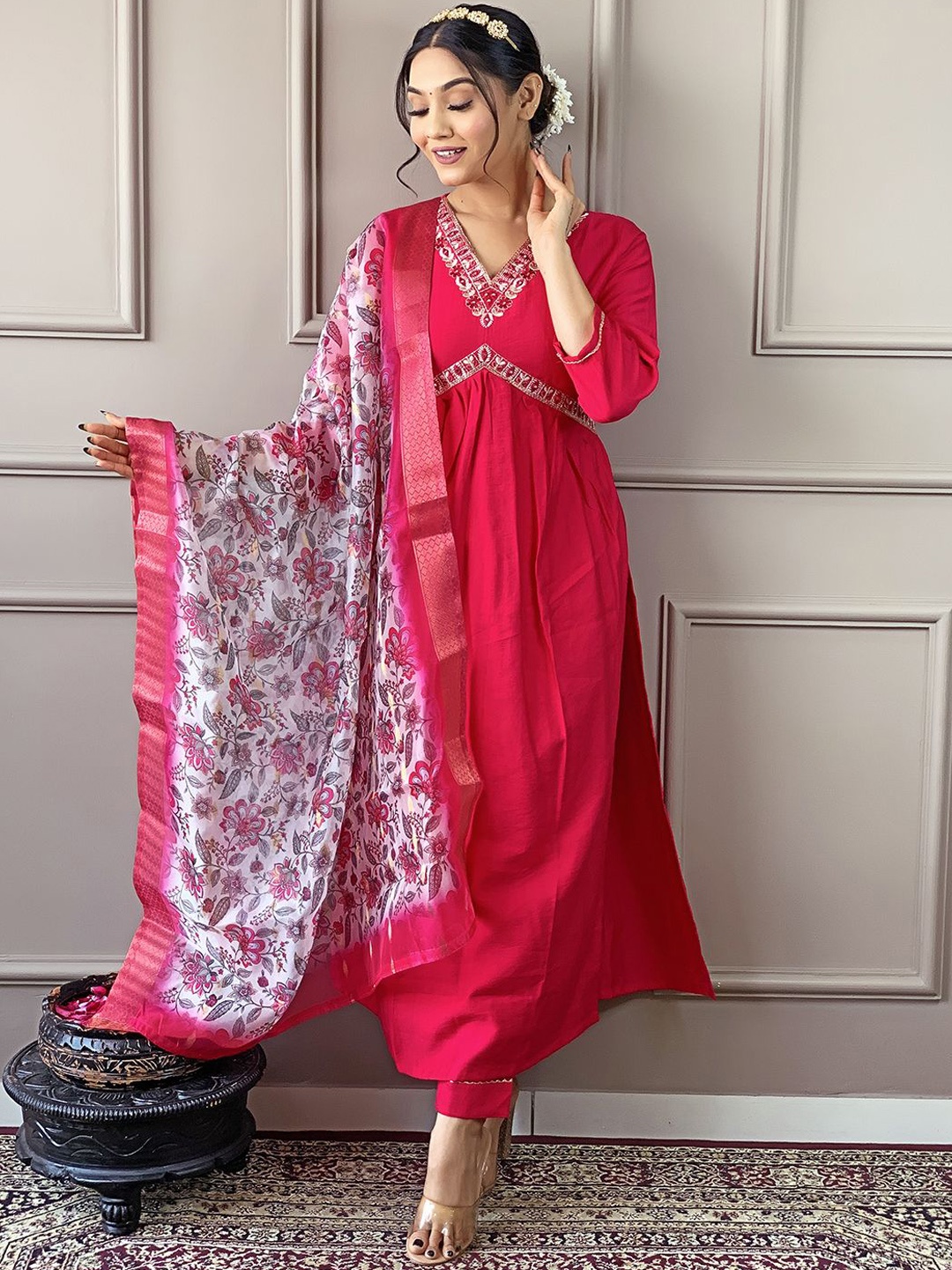 

KALINI Floral Embroidered Thread Work A-Line Kurta with Trousers & Dupatta, Red