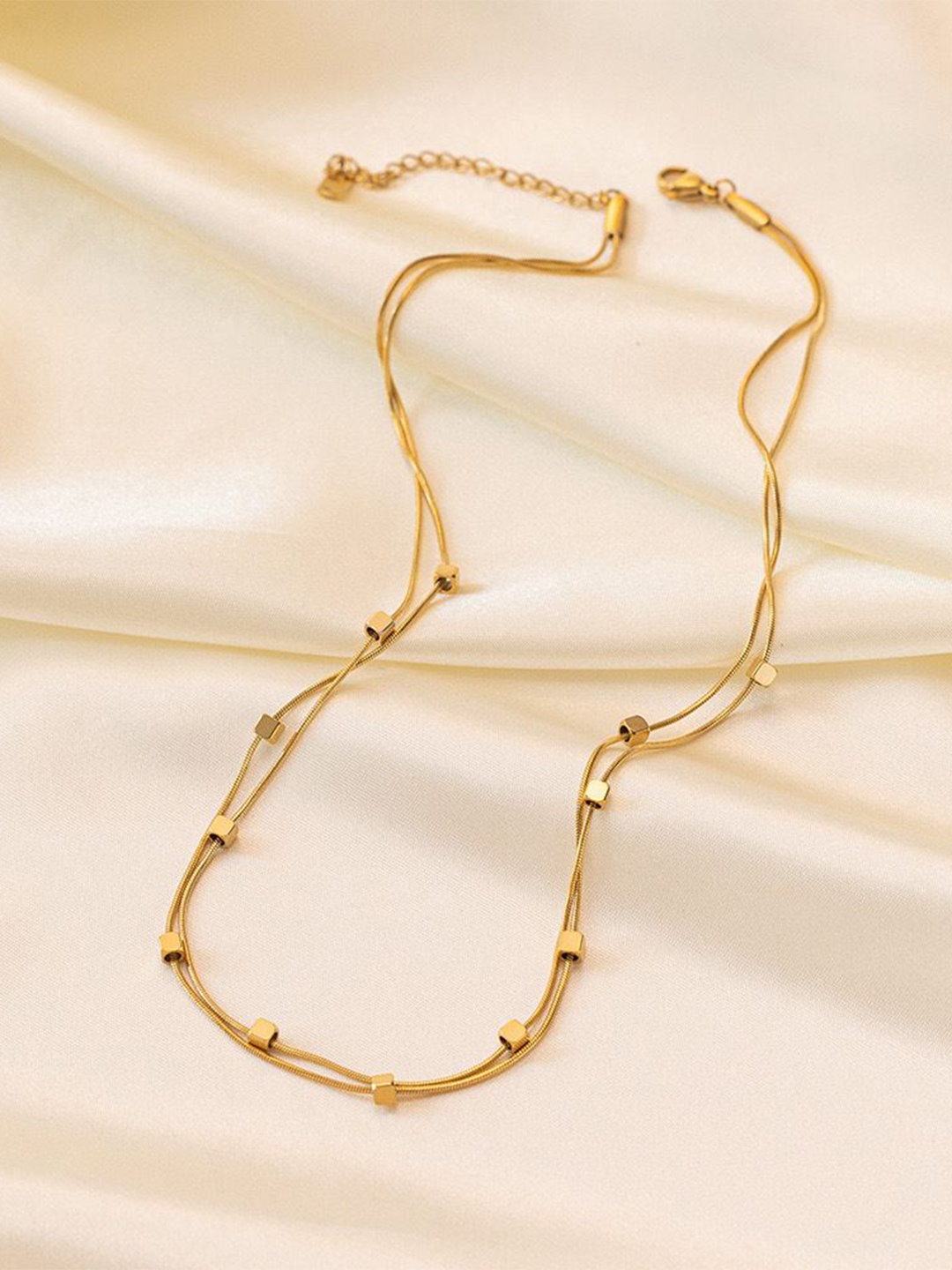 

MYKI Gold-Plated Stainless Steel Elegant Dual-Layered Cube Accents Statement Necklace