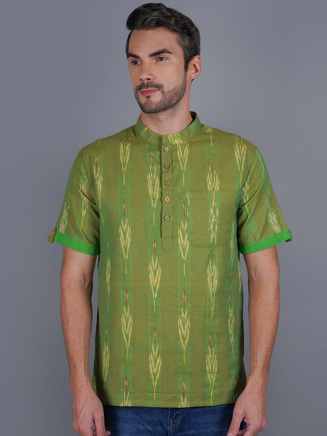 

Cot'N Soft Mandarin Collar Ikat Woven Design Dobby Cotton Straight Kurta, Green