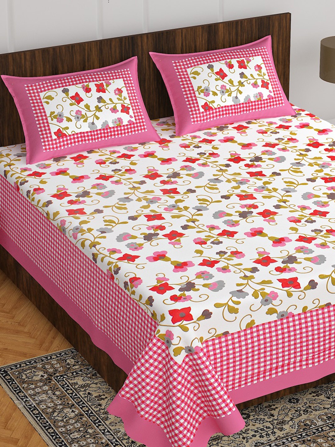 

AYAT COLLECTION Pink & White Floral 144 TC Pure Cotton Queen Bedsheet with 2 Pillow Covers