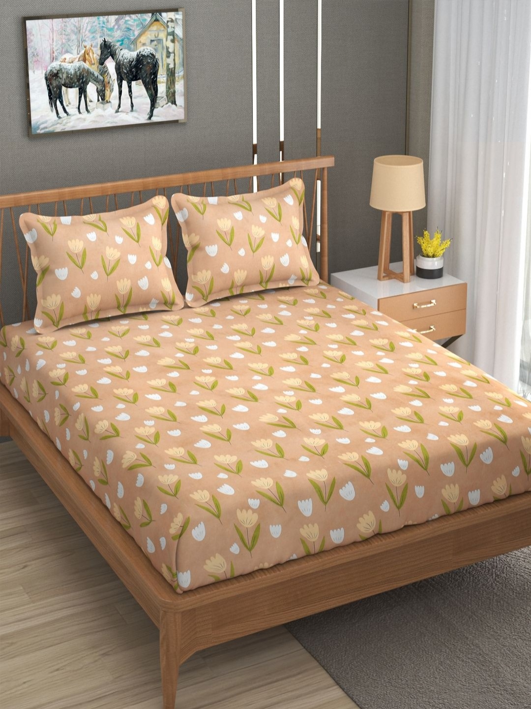 

AVI Beige & Green Floral 180 TC King Bedsheet with 2 Pillow Covers