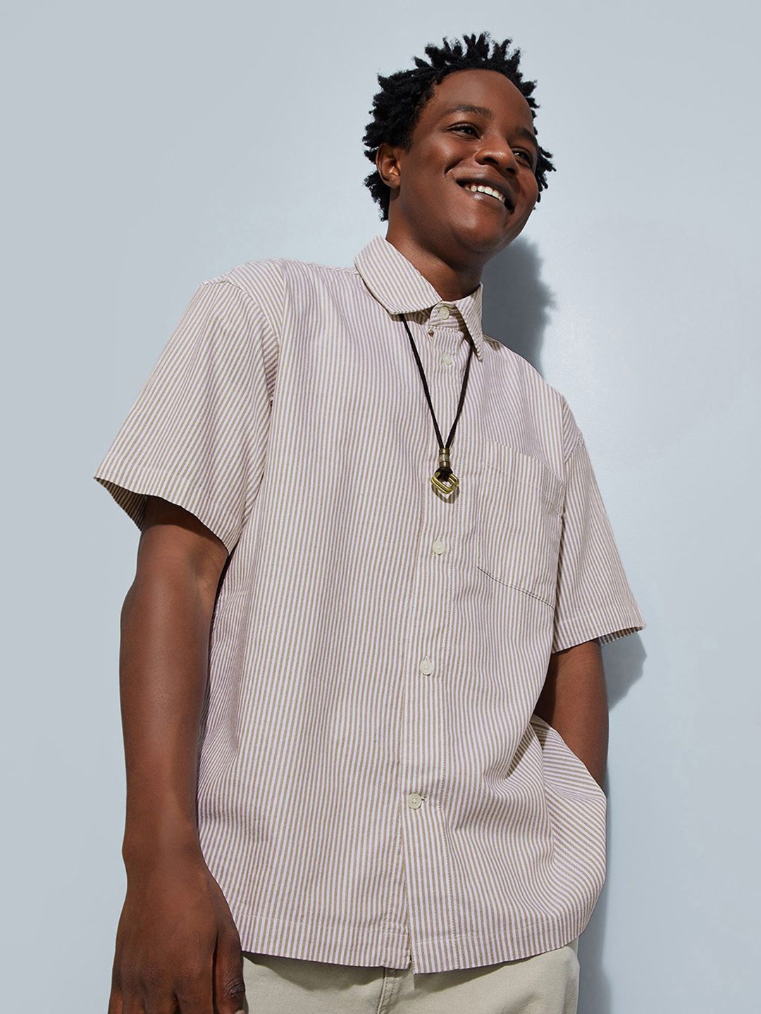 

max URB_N Men Boxy Fit Striped Shirt, Beige
