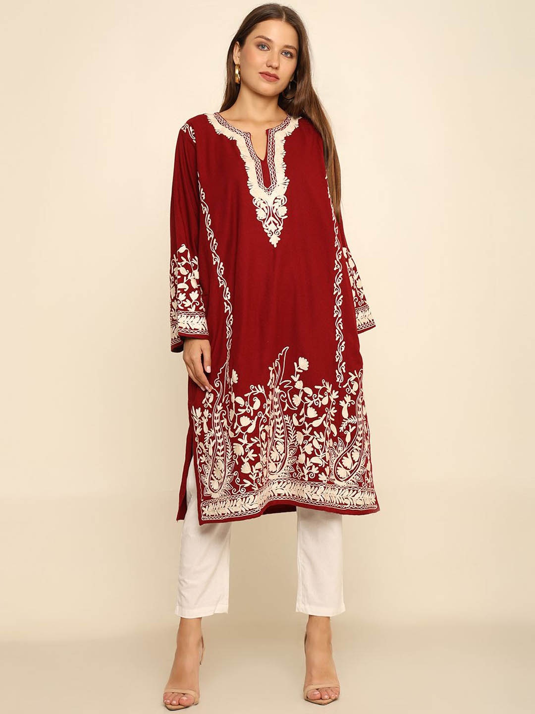 

CRAFTBAZAR Floral Embroidered Thread Work Notch Neck A Line Kurta, Red