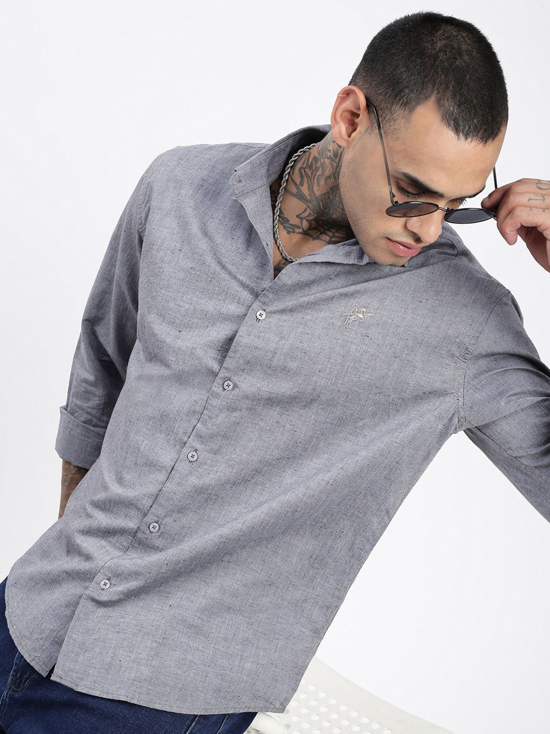 

SHOWOFF Men Premium Spread Collar Solid Linen Casual Shirt, Grey