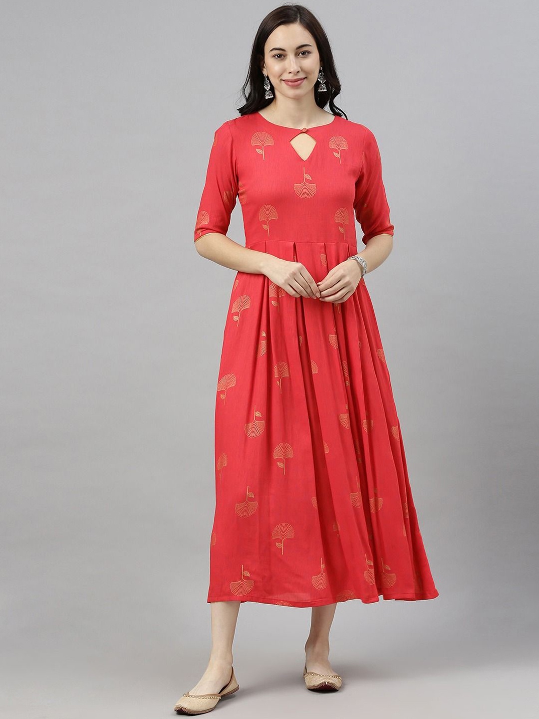 

AHIKA Ethnic Motifs Printed Keyhole Neck Cotton A-Line Ethnic Dress, Red