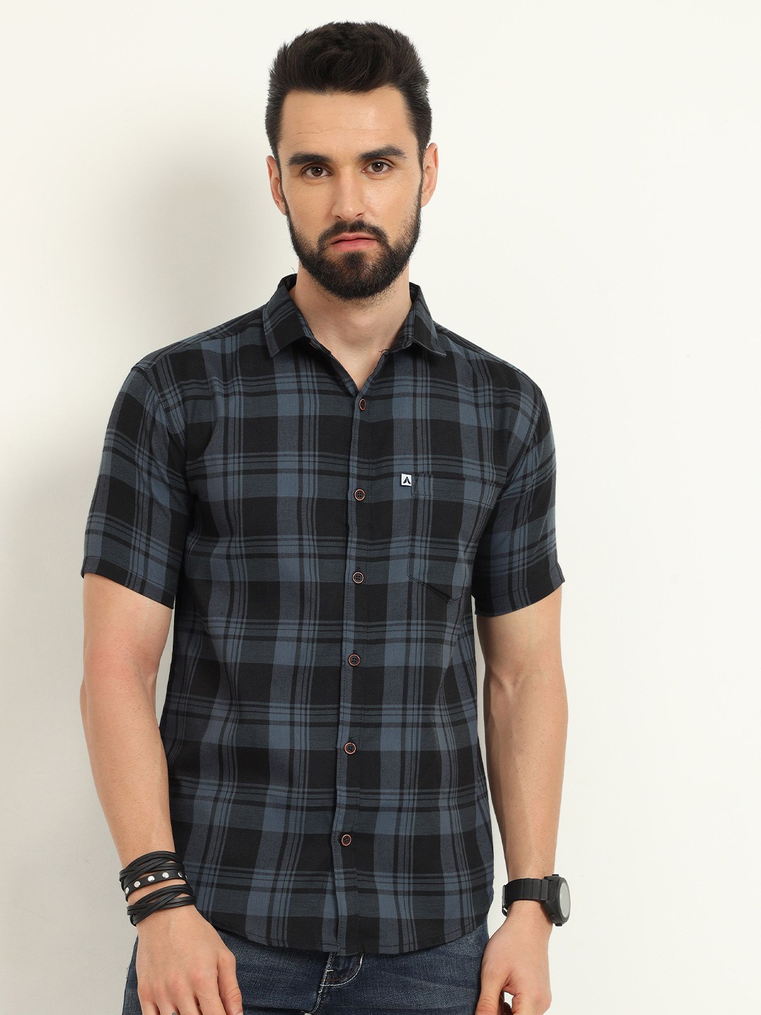 

ALLWIN PAUL Men Classic Spread Collar Tartan Checked Cotton Casual Shirt, Navy blue